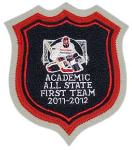 This is a four inch chenille shield patch with a hockey goalie embroidered design in the middle.  A great addition to your letterman jacket. 