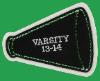 Image of a megaphone chenille patch with green rhinestones added around the rim.